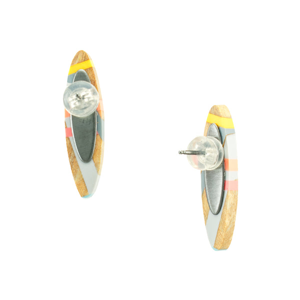 Wood Oval Stud Earrings with Oxidized Sterling Silver Backings