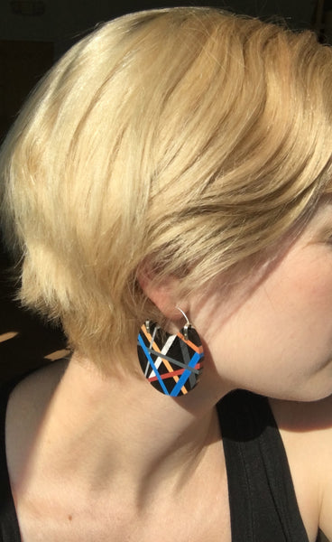 Big Hoop Earrings in Black Ebony Wood and Classic Blue Inlay