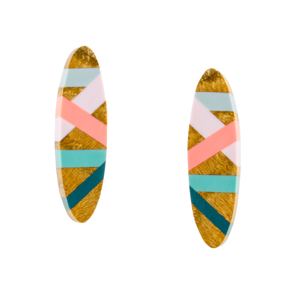Coral and Teal Wood Stud Earrings