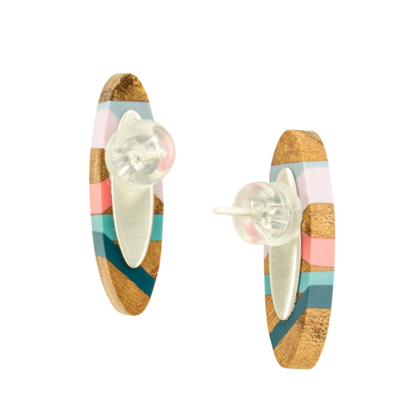 Oval Olive Wood and Polyurethane Resin Inlay Stud Post Earrings with Sterling Silver Backings