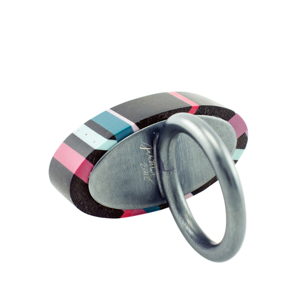 Black Oval Wood Cocktail Ring with Oxidized Sterling Silver Band Signed