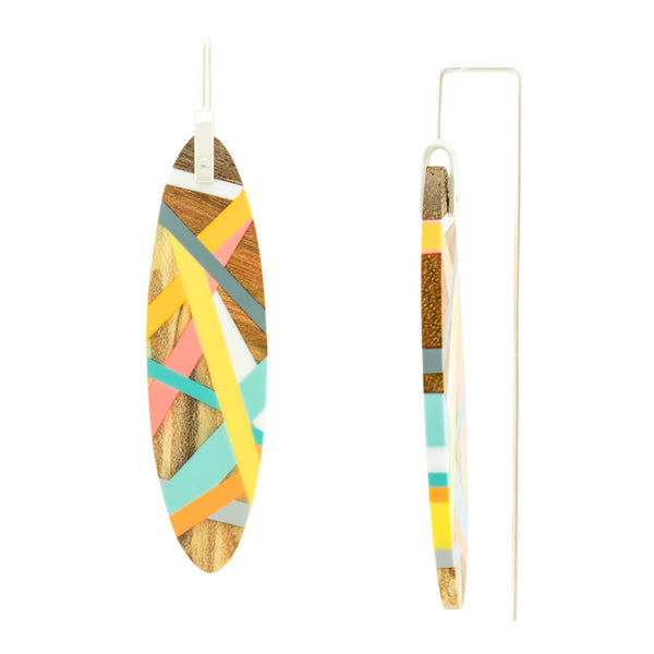 Long Oval Wood Earrings with Sterling Silver Ear Wires Side View