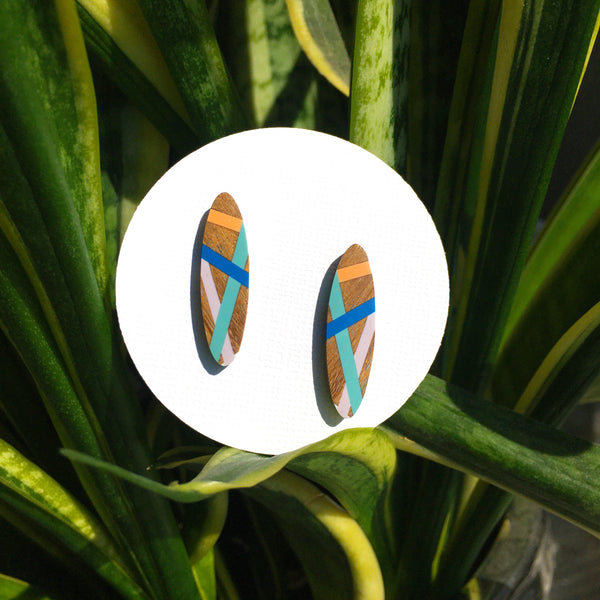 Teal Cobalt Lilac Wood Post Earrings