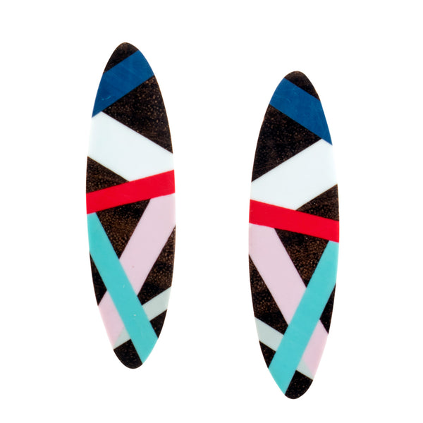 Laura Jaklitsch Jewelry Wood x Polyurethane Resin Red Blue Mauve Pink Lilac Post Earrings