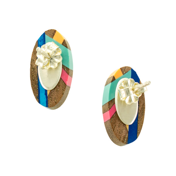 Wood and Resin Silver Stud Earrings Back View
