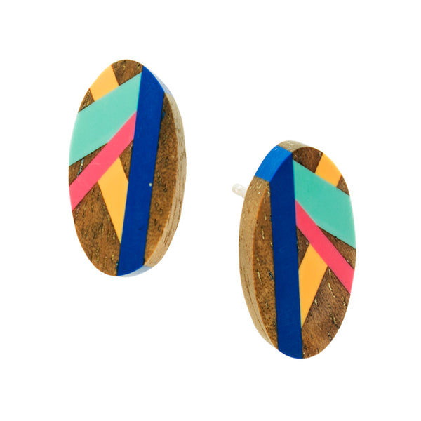 Classic Blue and Teal Wood Jewelry Stud Earrings