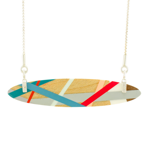 Wood Jewelry Red, Blue, and Grey Necklace with Sterling Silver Chain
