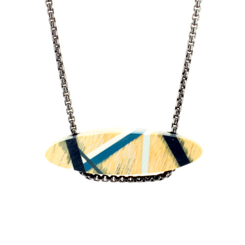 Wood Necklace with Monochromatic Resin Inlay and Oxidized Sterling Silver Chain