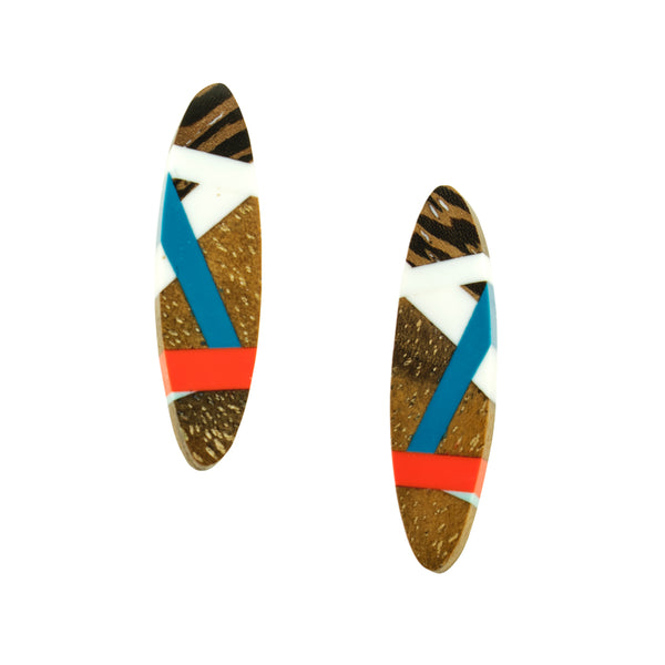 Wood Jewelry Stud Earrings with Blue and Coral Red Resin Inlay Handmade by Laura Jakllitsch