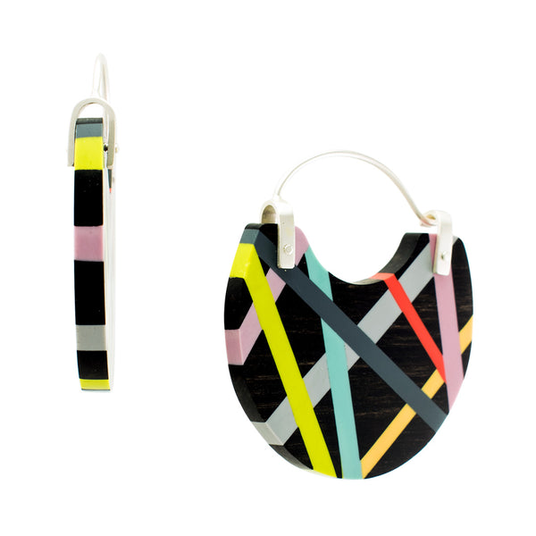 Black Jewelry Hoop Earrings with Bright Neon Resin Inlay Side View