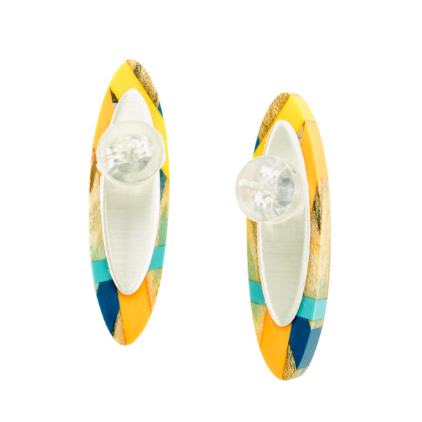 Laura Jaklitsch Jewelry Spalted Maple and Polyurethane Resin Inlay in Orange and Blue Post Earrings Sterling Silver Backings