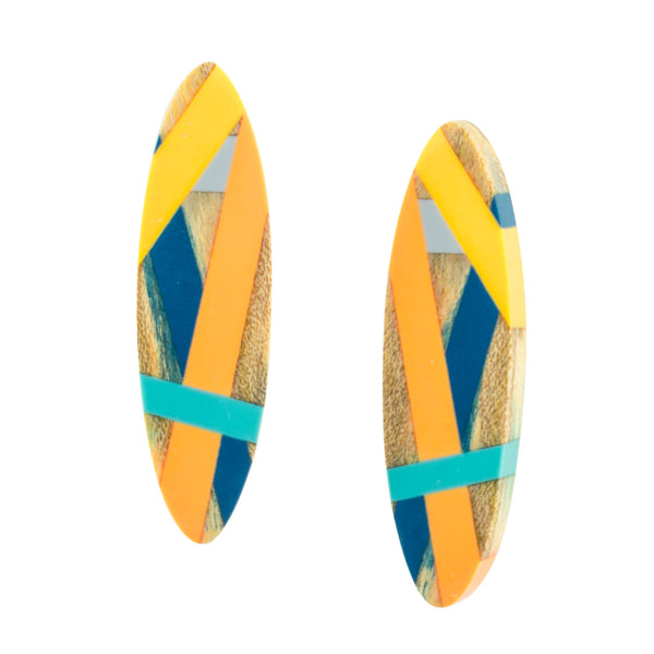 Laura Jaklitsch Jewelry Spalted Maple and Polyurethane Resin Inlay in Orange and Blue Post Earrings