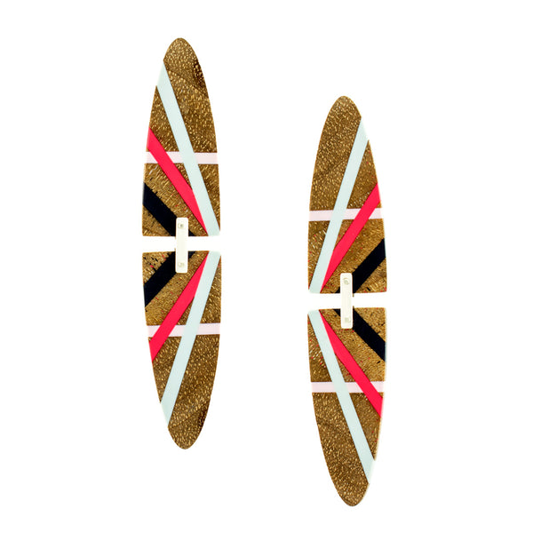 Big Earrings Long Oval Wood Jewelry with Colorful Resin Inlay