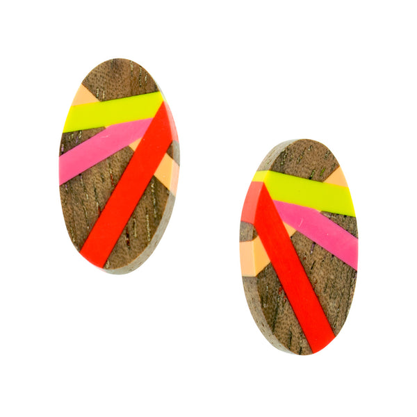 Wood Jewelry Stud Earrings with Resin Inlay in Bright Colors by Laura Jaklitsch Jewelry Makes A Unique Handmade Gift