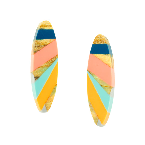 Maple Wood Stud Earrings with Pink, Orange, and Blue Inlay Handmade by Laura Jaklitsch Jewelry