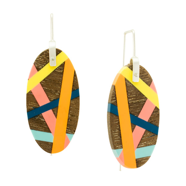 Laura Jaklitsch Jewelry Wood x Polyurethane Yellow Orange Pink Blue Walnut Earrings Handmade One of a Kind Beach Style