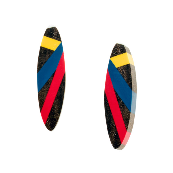 Wood and Polyurethane Resin Inlay Earrings in Primary Colors