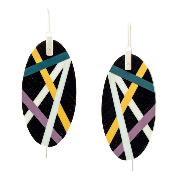 Laura Jaklitsch Jewelry Wood x Polyurethane Resin Ebony Earrings Purple Teal Yellow Burst