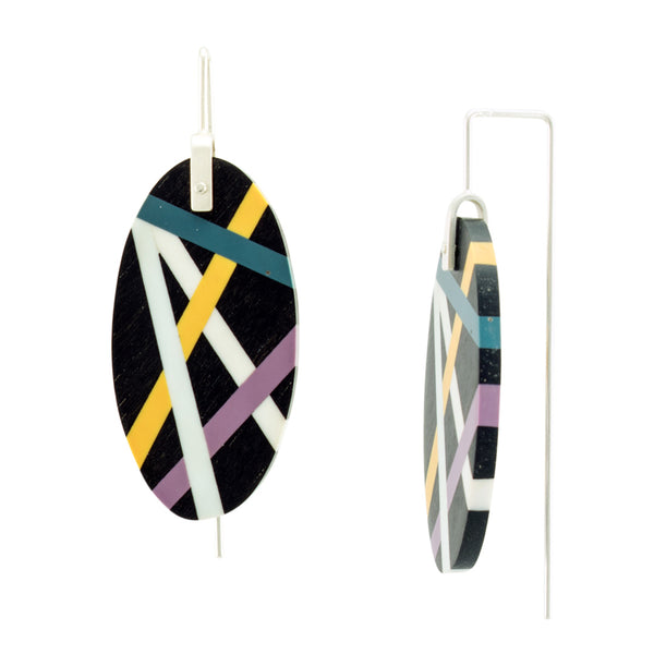 Laura Jaklitsch Jewelry Wood x Polyurethane Purple Teal Gold Ebony Earrings Side View