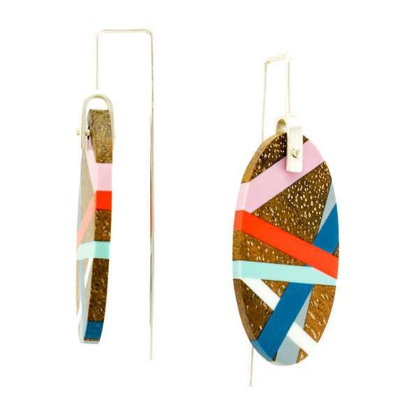  Blue Aqua Coral Red Lavender Laura Jaklitsch Jewelry Wood x Polyurethane Handmade One of a Kind Earrings Side View