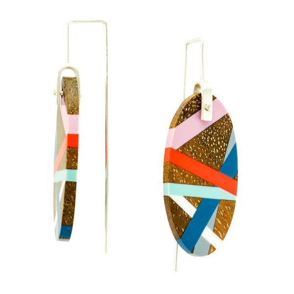 Blue Aqua Coral Red Lavender Laura Jaklitsch Jewelry Wood x Polyurethane Handmade One of a Kind Earrings Side View