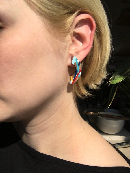 Red and Blue Maple Wood Crescent Earrings