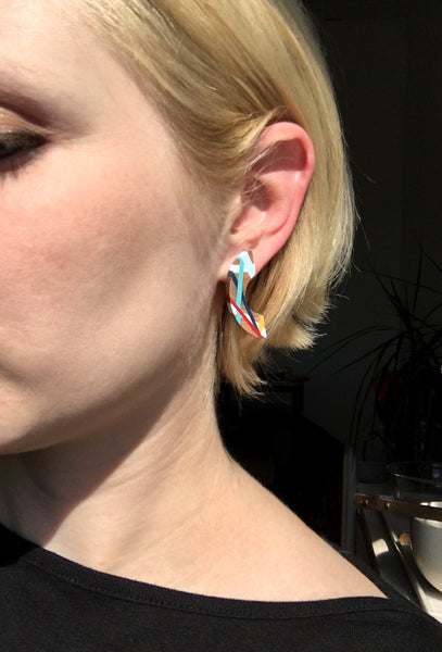 Red and Blue Maple Wood Crescent Earrings