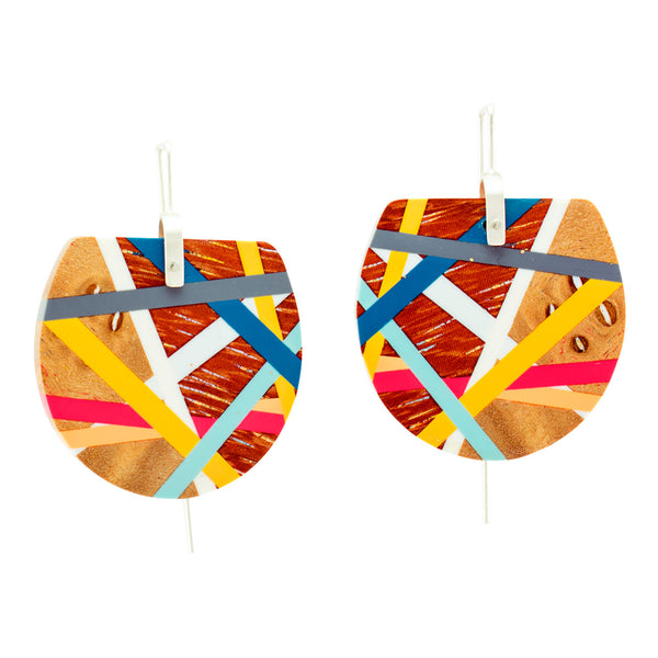 Red and Blue Wooden Fan Earrings