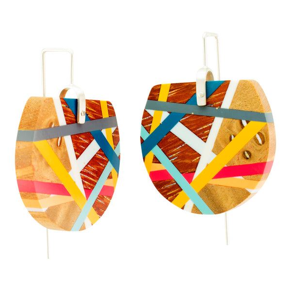 Red and Blue Wooden Fan Earrings