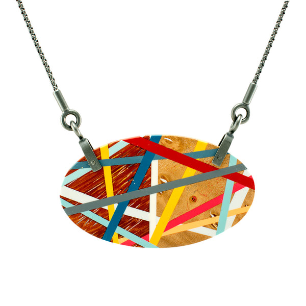 Wood Jewelry Oval Statement Necklace with Oxidized Sterling Silver Chain, Handmade by Laura Jaklitsch Jewelry