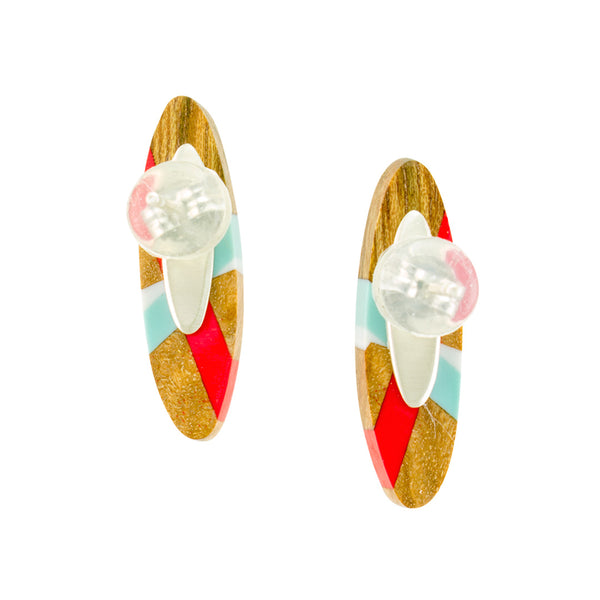 Red and Aqua Wood Stud Earrings