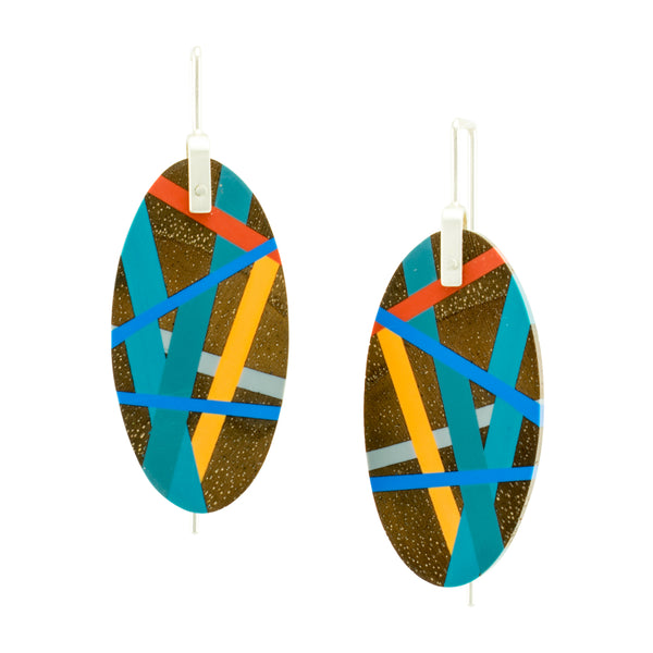 Oval Wood Earrings with Resin Inlay in Red, Blue, and Yellow with Sterling Silver Earwires