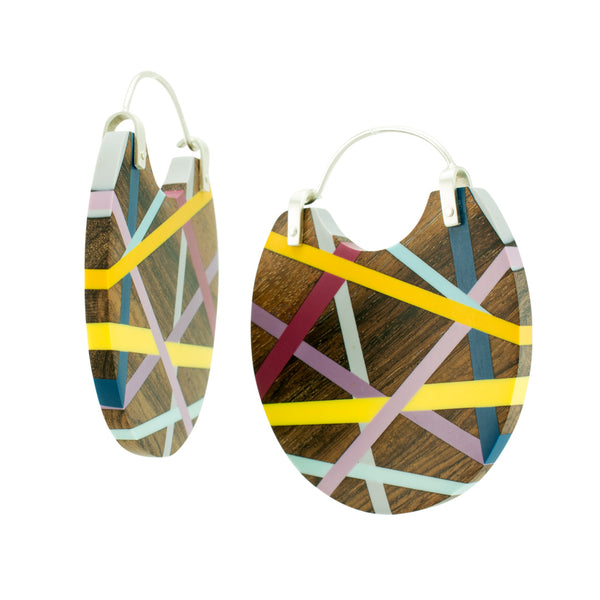 Laura Jaklitsch Jewelry Wood x Polyurethane One of a Kind Rosewood Hoop Earrings, Statement Earrings, Beachy, Geometric Side View