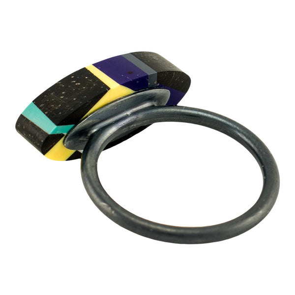 Wood and Plastic Black Stacking Ring With Oxidized Sterling Silver Band