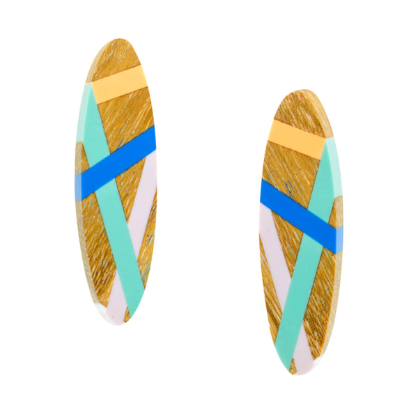 Teal Cobalt Lilac Elongated Oval Post Earrings Wood Jewelry