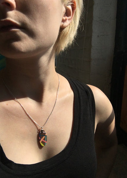 Wood and Resin Inlay Oval Necklace with Sterling Silver Chain