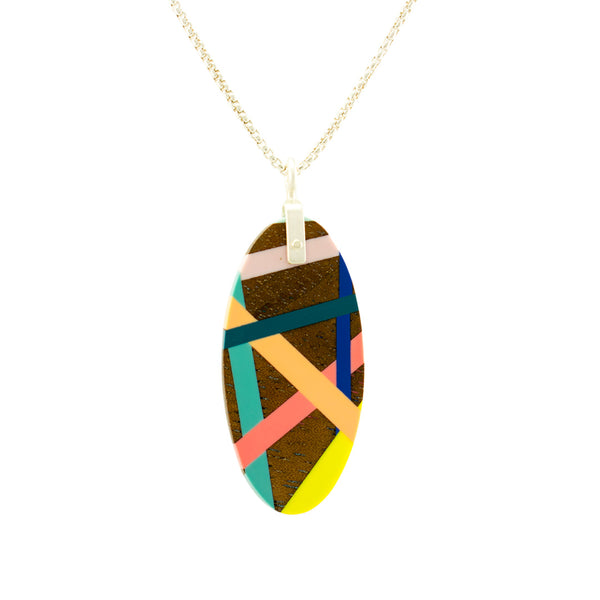 Coral and Teal Oval Wood Necklace with Sterling Silver Chain