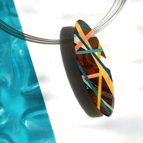Statement Necklace and Brooch Wood Jewelry with Polyurethane Resin Inlay