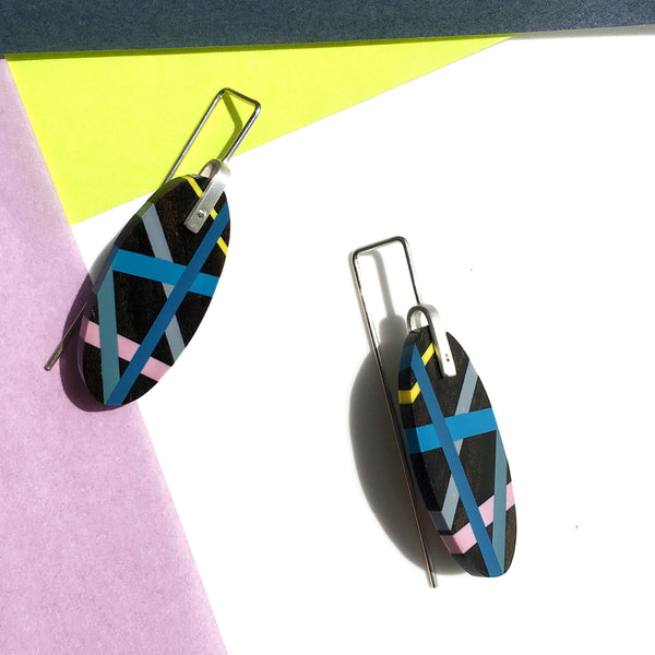 Blue Wood Jewelry Earrings with Black Ebony and Polyurethane Inlay in Blue Purple and Yellow Handmade by Laura Jaklitsch Jewelry Colorblock Styling 