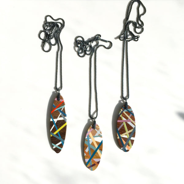 Wood Necklaces with Oxidized Sterling Silver Chain and Colorful Polyurethane Resin Inlay