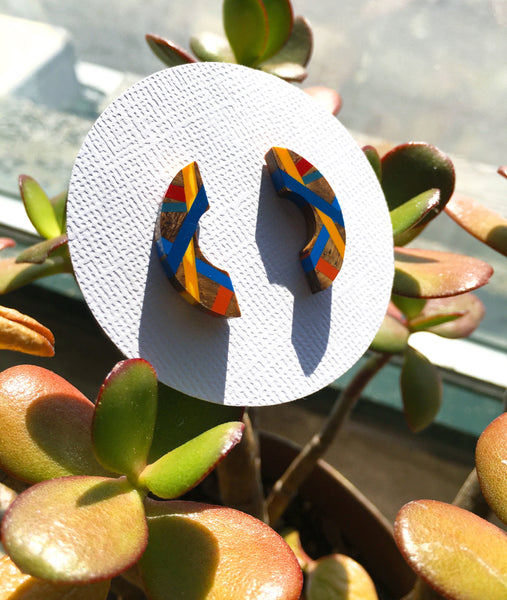 Blue and Orange Mini Crescent Wood Stud Earrings