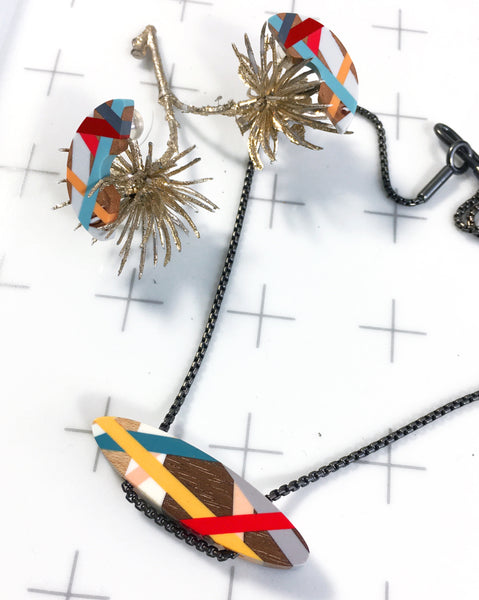 Red/Gold/Teal Wood Bar Necklace