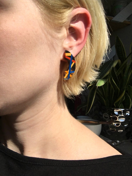Blue Orange Crescent Wood Earrings