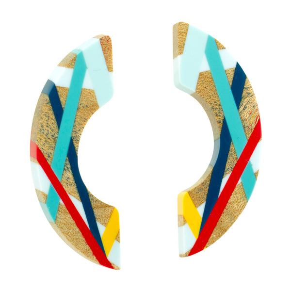 Red and Blue Maple Wood Crescent Earrings