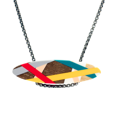Laura Jaklitsch Jewelry Wood x Polyurethane Red Gold Teal Bar Necklace