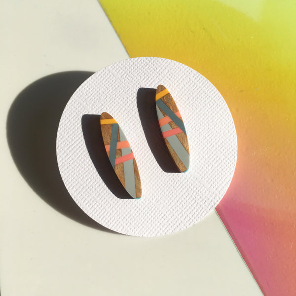 Wood and Resin Inlay Post Earrings in Living Coral