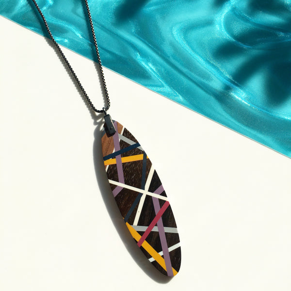 Long Oval Surf Board Shape Wood Jewelry Necklace with Resin Inlay
