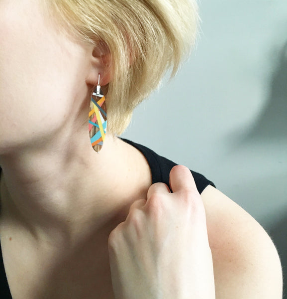 Wearing Wood Jewelry Earrings with Inlay