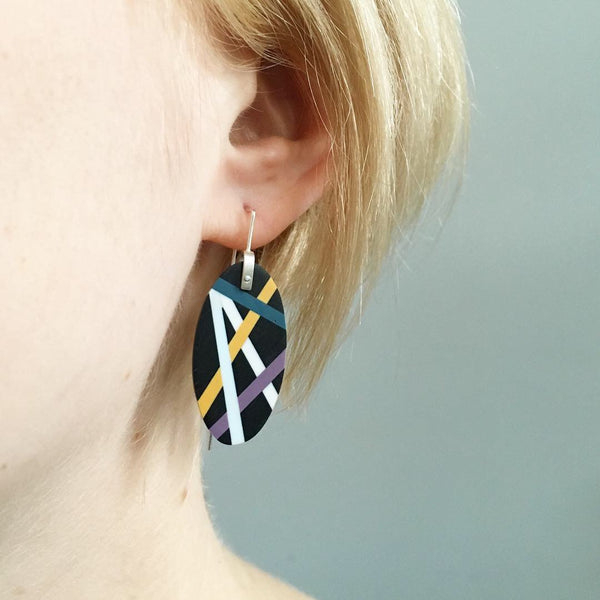 Laura Jaklitsch Jewelry Wood x Polyurethane Purple Teal Gold Ebony Earrings one of a kind statement earrings