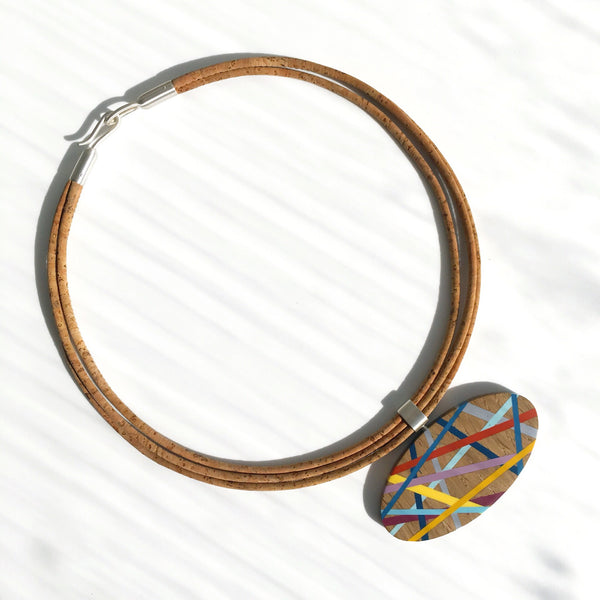 One of a Kind Statement Necklace with Wood and Resin Inlay and Sustainable Cork Cord Handmade By Laura Jaklitsch Jewelry